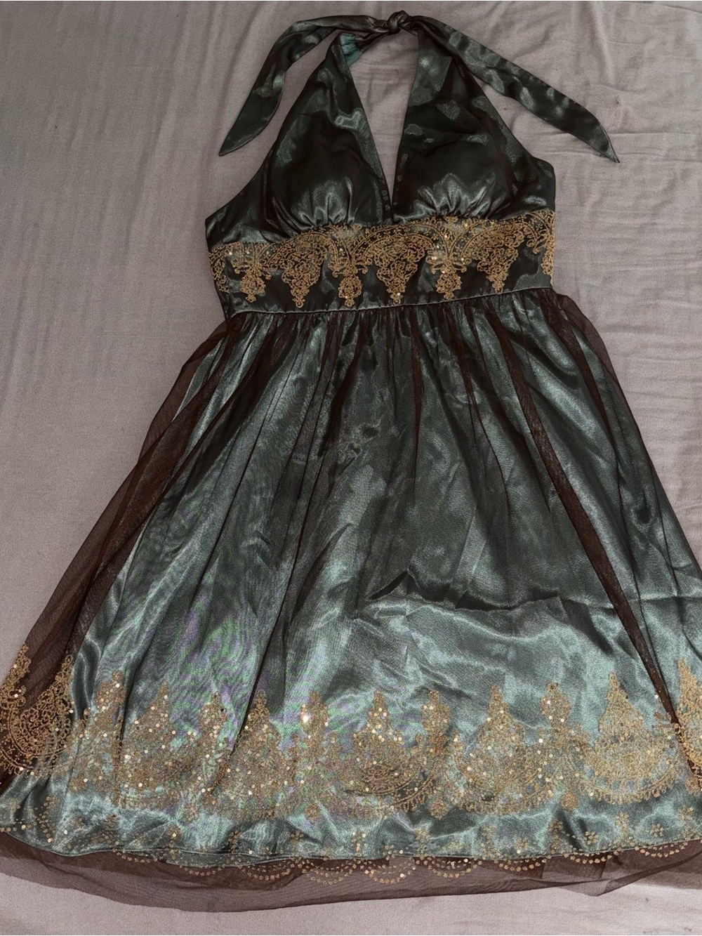 Adrianna Papell Metallic Teal Halter Dress with Gold Lace